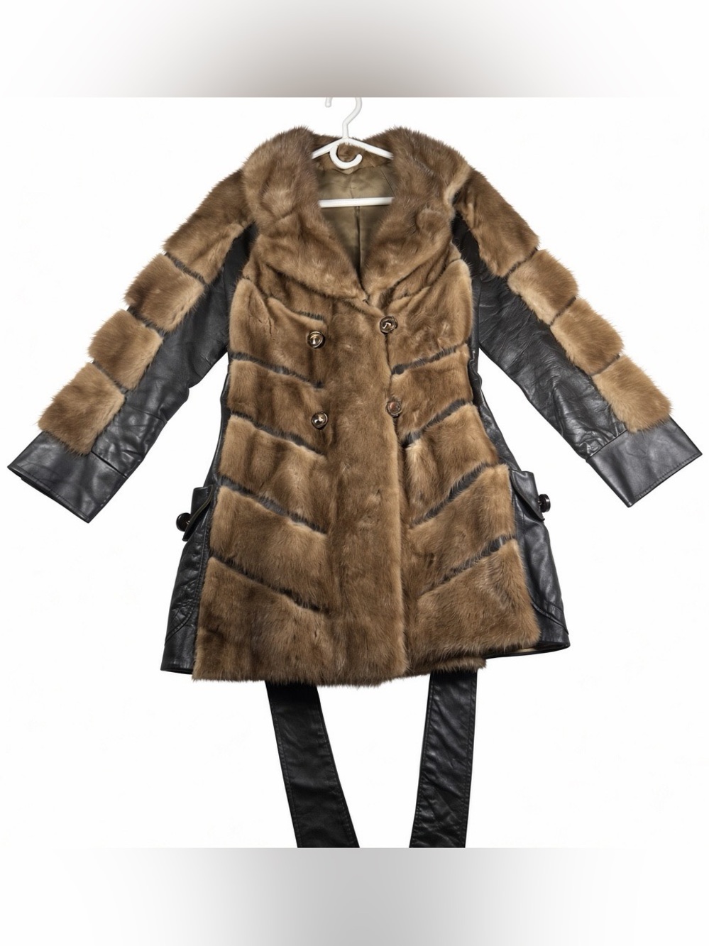 Vintage Genuine Mink Fur & Leather Coat Women’s Brown Double Breasted Belted